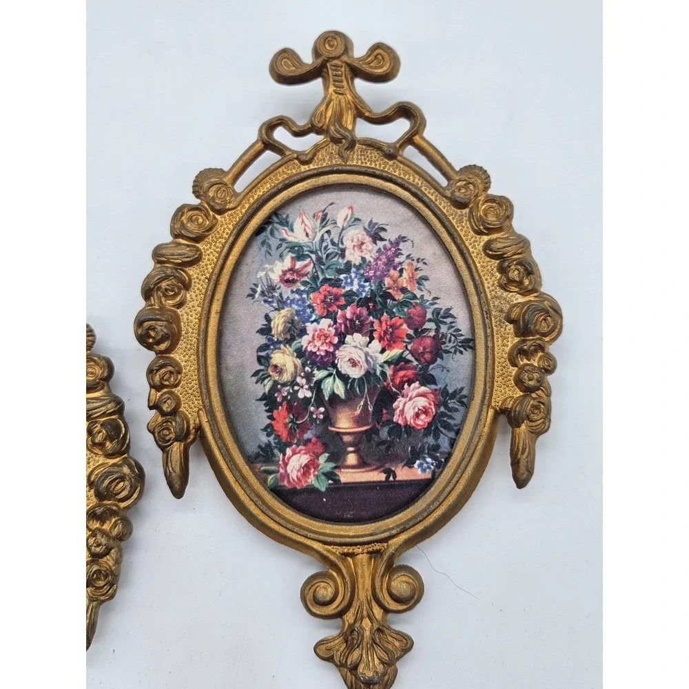 Vintage Ornate Gold Floral Wall Art Set of 2 Oval Frames Pansies Roses 6in
